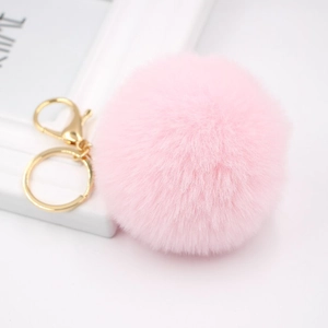 Pink 8cm faux rabbit fur pom pom keychain with gold lobster clasp for handbags