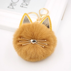 Close-up of fluffy cat plush keychain with gold sequin ears and metal lobster clasp detail