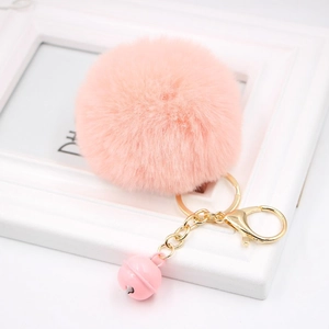 Pink faux rabbit fur pom pom keychain with gold lobster clasp and bell for handbags