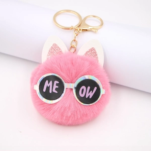 Faux Fur Cat Keychain With Round Glasses And Sequin Ears Cute Plush Ball Bag Charm For Women Girls Accessory Gift