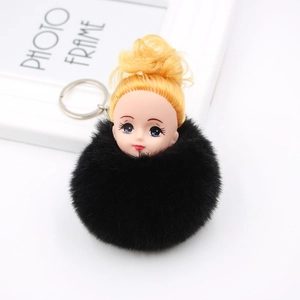 Détail d'un porte-clés poupée avec un grand pompon noir en peluche et cheveux dorés