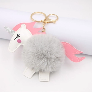 Fashion unicorn plush pompom keychain with faux fur ball and gold metal ring for bags