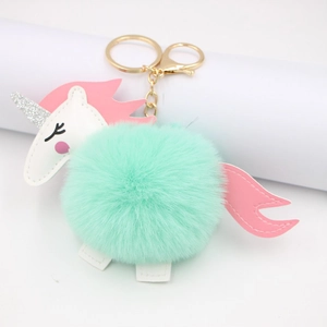 Charming plush unicorn keychain with mint green pompom and gold metal lobster clasp