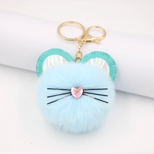 Cute Cat Face Faux Fur Pom Pom Keychain With Heart Rhinestone Nose Gold Alloy Lobster Clasp Bag Charm For Women Girls