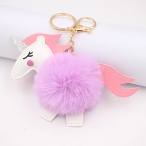 Cute Unicorn Pompom Keychain Faux Fur PU Leather Bag Charm For Women Girls Gift Cartoon Animal Pendant Decoration Accessor