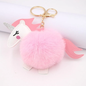 Fluffy pink unicorn plush pom pom keychain with silver sequin horn and gold lobster clasp