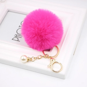 Faux Rabbit Fur Pom Pom Keychain For Women Cute Fluffy Ball Keyring With Faux Artificial Pearl Rhinestone Alloy Pendant For Bags Cars