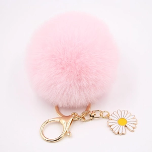Porte-clés Pompon en Fausse Fourrure Avec Pendentif Marguerite Pendentif Sac en Peluche Anneau de Clé Fleur Douce pour Femmes