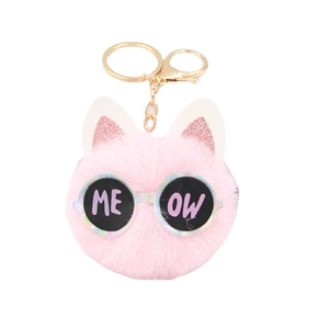 Pink plush cat keychain with glitter ears and sunglasses featuring ME OW lettering