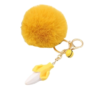 Cute yellow plush pom pom keychain with banana charm, bell and golden alloy lobster clasp