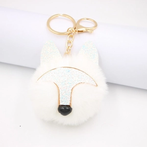 Porte-clés renard en peluche blanche avec paillettes et chaîne en métal doré