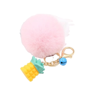 Cute pink faux fur pompom keychain with yellow pineapple charm and gold lobster clasp