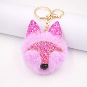 Porte-clés pompon renard rose en peluche avec oreilles pailletées et fermoir doré