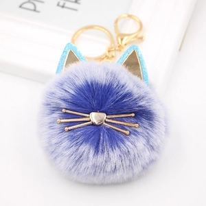 Detail of cute cat plush keychain with purple blue gradient fur and gold metal whiskers