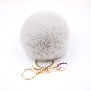 Detail of grey faux fur pom pom keychain with gold unicorn charm on white background