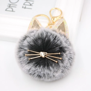 Detail of a fluffy cat plush keychain with golden metal ears and whiskers on white background