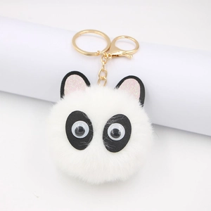Cute Panda Faux Fur Pom-pom Keychain Soft Plush Animal Bag Pendant With Alloy Lobster Clasp For Women Girls Gift