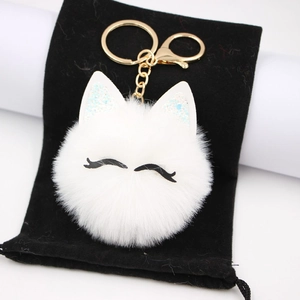 Cute Cat Ear Faux Fur Pom Pom Keychain For Women Girls Sequin Plush Furry Ball Bag Pendant Key Ring With Embroidered Eyelashes