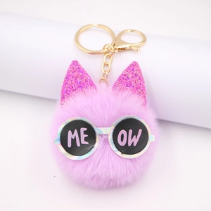 Cute Plush Cat Keychain With Sunglasses Glitter Ears Faux Fur Ball Bag Charm For Women Kids Key Ring Pendant Decoration