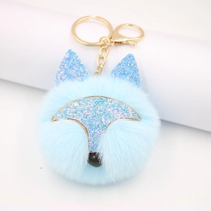Porte-clés en Peluche Tête de Renard à Paillettes Bijou de Sac en Fausse Fourrure Anneau en Alliage Doré pour Femme Fille