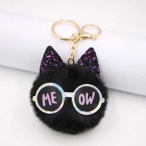 Plush black cat keychain with purple glitter ears and round Meow glasses decoration