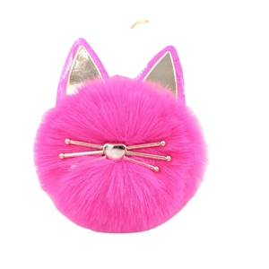 Cute hot pink fluffy cat plush keychain with metallic ears and heart-shaped nose decoration
