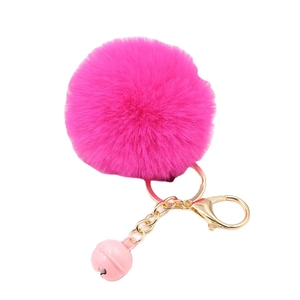 Fuchsia faux rabbit fur pom pom keychain with gold bell and lobster clasp for bags