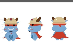 Three-view vector drawing of a blue cartoon bull character in red cape and helmet