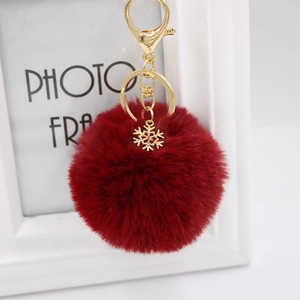 Snowflake Plush Ball Keychain Gold Alloy Snowflake Charm Faux Fur Pom Pom Bag Pendant Key Ring Christmas Gift For Women