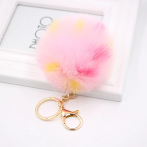 Colorful Faux Rabbit Fur Plush Ball Keychain With Alloy Lobster Clasp Gold Key Ring For Women Girls Bag Charm Accessories
