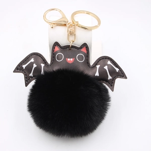 Halloween Artificial Leather Bat Pompom Keychain Creative Plush Bat Wing Skeleton Bone Print Key Ring Bag Charm Party Gift