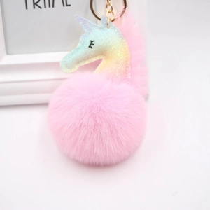 Porte-clés licorne en peluche avec paillettes, dentelle rose et anneau doré brillant