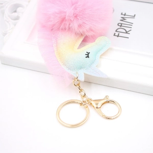 Porte-clés licorne pailleté avec pompon rose, dentelle et fermoir en métal doré