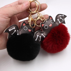 Halloween PU leather bat plush pom pom keychain with gold metallic ring for bag decor