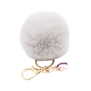 Plush grey faux fur keychain with golden clasp and purple enamel unicorn charm pendant