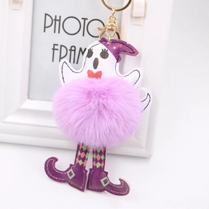 Halloween ghost pompom keychain with purple pointed hat and boots on white frame