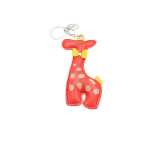 Porte-clés girafe en cuir PU rouge avec nœud jaune et anneau métallique argenté
