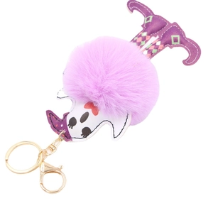 Creative Halloween ghost keychain with purple fur pompom and striped wizard legs charm