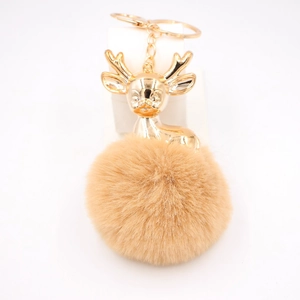 Mignon Porte-clés Pompon en Peluche avec Bois de Renne pour Femme Tête de Cerf en Alliage Doré Pendentif de Sac de Voiture Cadeau