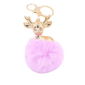 Porte-clés renne doré avec pompon en fausse fourrure rose et fermoir métallique
