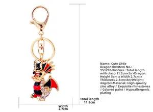 Detailed dimensions of cartoon dragon keychain with crystal rhinestones and enamel finish
