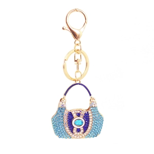 Exquisite crystal handbag keychain with blue gemstones and gold-plated alloy ring