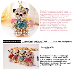 Detailed view of rhinestone bowknot bear keychain with alloy base and colorful crystals