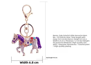 Detailed view of colorful rhinestone horse keychain dimensions with gold clasp