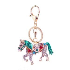 Creative horse keychain with colorful rhinestones and green enamel on gold alloy base