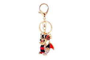 Détails du porte-clés dragon en émail rouge et noir avec des strass blancs brillants