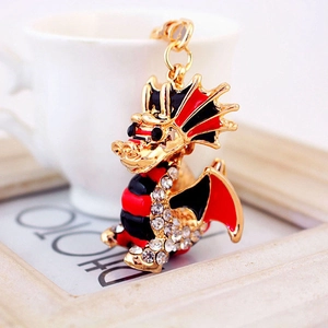 Porte-clés dragon créatif avec strass brillants et finition émaillée rouge pour cadeau chic