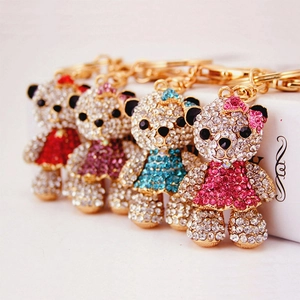 Cute Rhinestone Teddy Bear Keychain For Women Metal Zinc Alloy Inlaid Crystal Animal Bag Charm Pendant Decorative Key Ring Gift