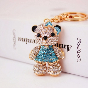Exquisite crystal-studded bear keychain with blue rhinestones and gold alloy ring accessory