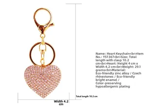 Pink rhinestone heart keychain dimensions: 10.2cm total length and 4.2cm width detail